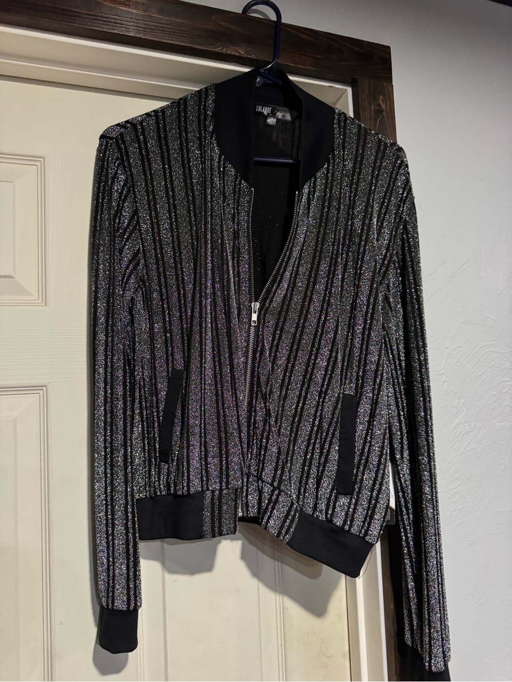 Stevies Metallic Silver and Black Striped Bomber Jacket